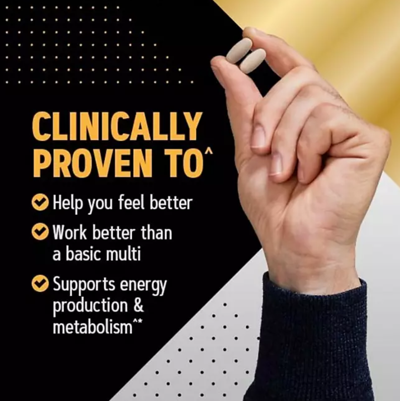 Hand pointing to text on a black and gold background with product benefits listed.