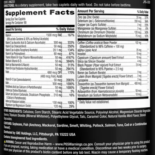 Supplement label with detailed nutritional information and ingredients on a black background