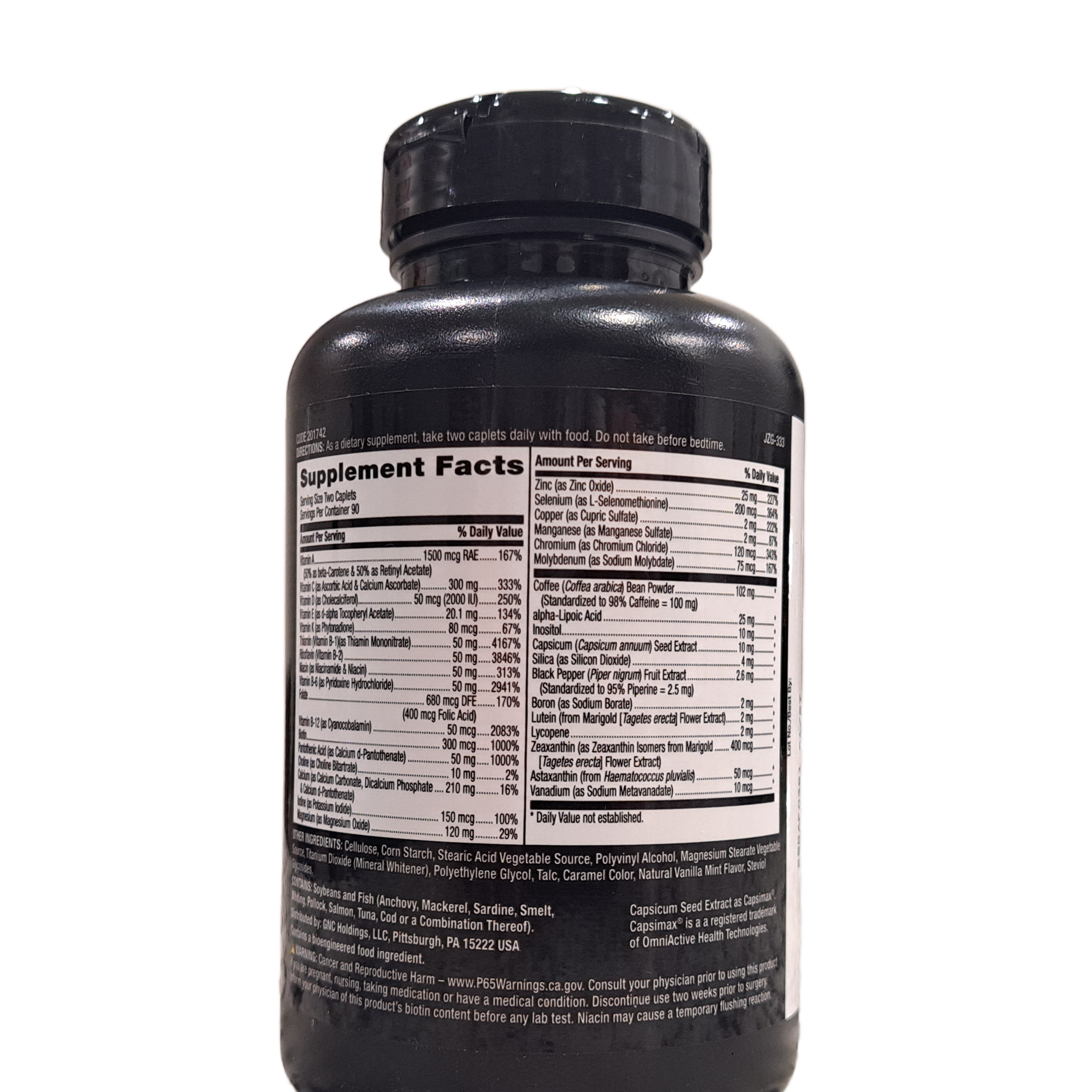 Black supplement bottle with supplement facts label on a white background