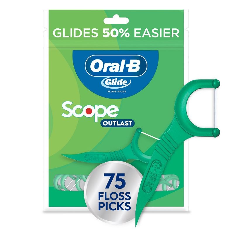 Oral B Glide Floss Picks with Scope Outlast, Long-Lasting Mint Flavor, 75 Floss Picks