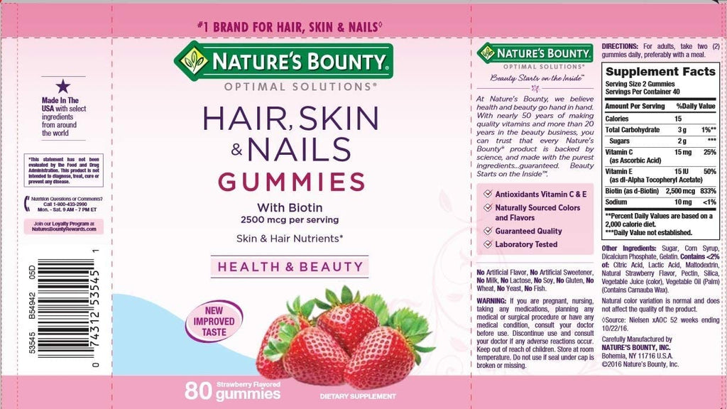 Nature's Bounty Hair, Skin And Nails Gummy Vitamins, Strawberry, 80 Gummies