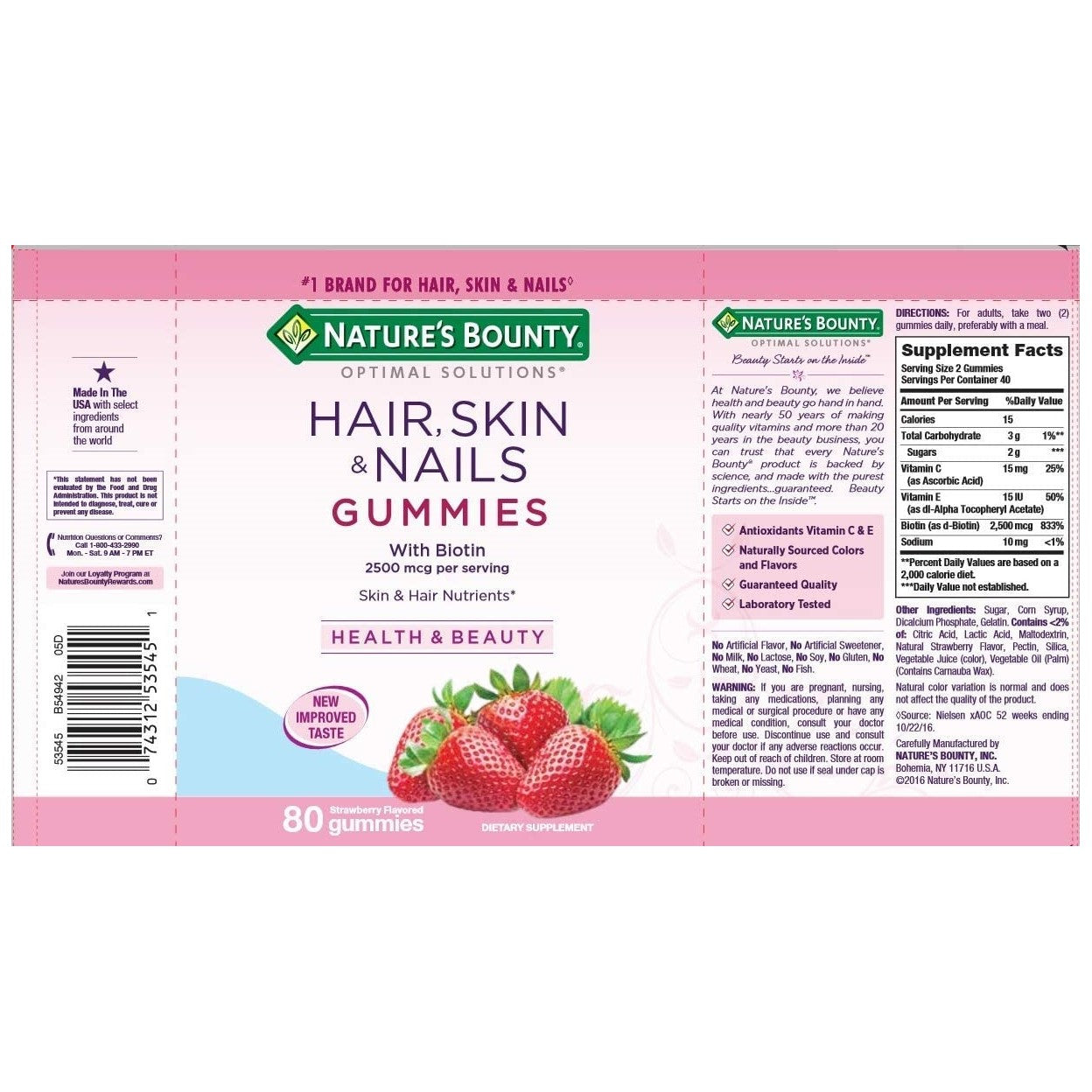 Nature's Bounty Hair, Skin And Nails Gummy Vitamins, Strawberry, 80 Gummies