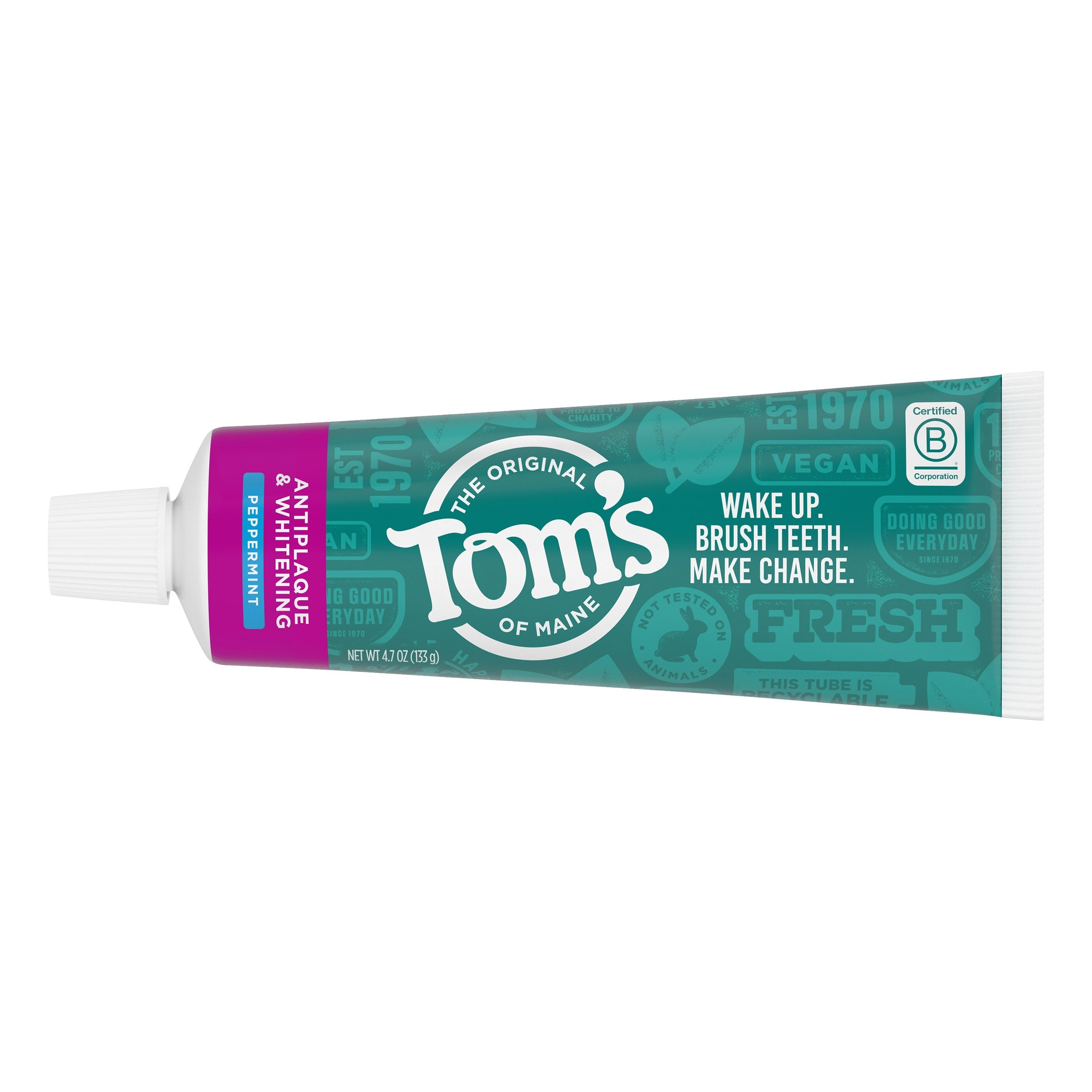 Tom's of Maine Natural Fluoride-Free Antiplaque & Whitening Toothpaste, Peppermint, 4.7 OZ (133 g) - Vegan, Halal, Kosher, Gluten-Free, Cruelty Free