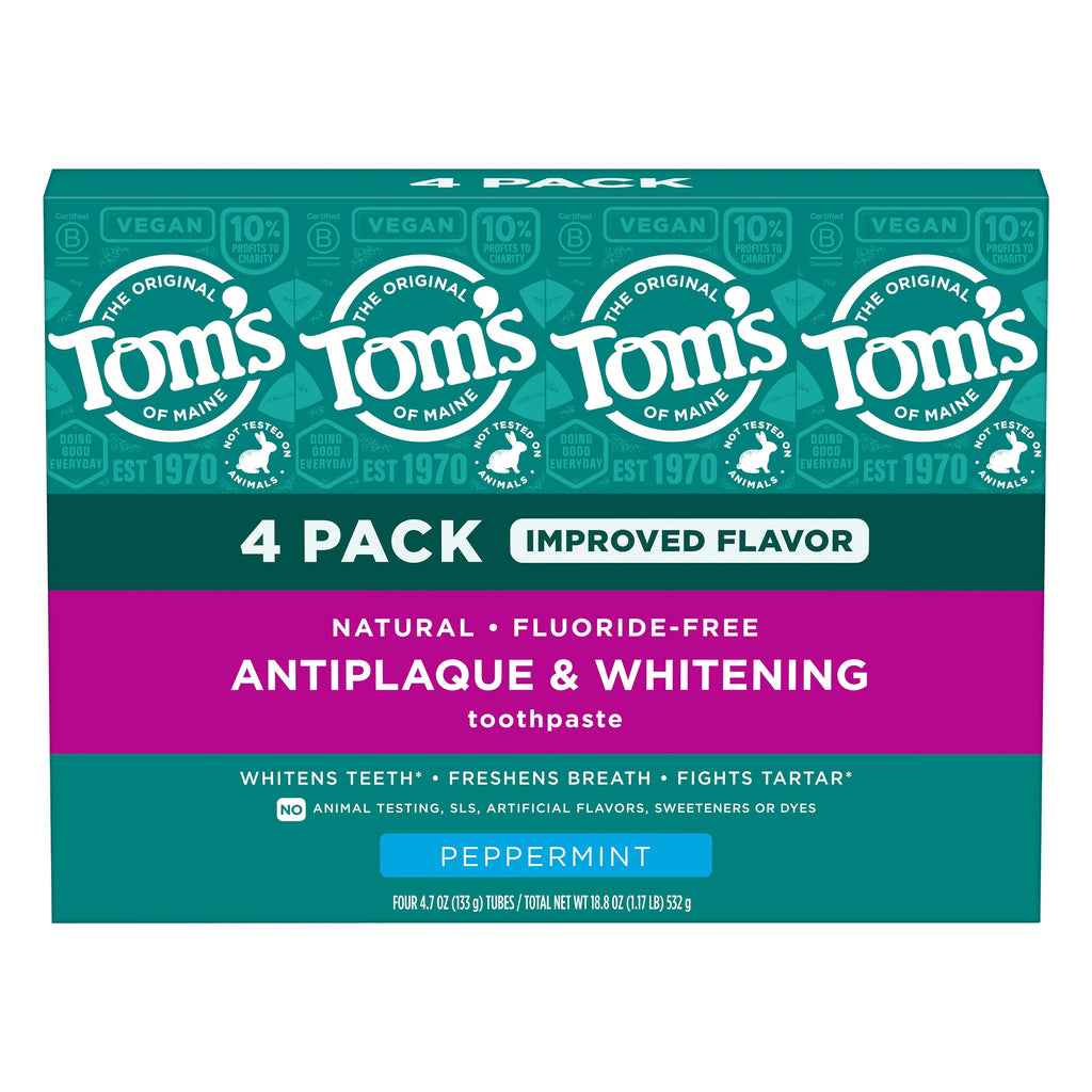 Tom's of Maine Natural Fluoride-Free Antiplaque & Whitening Toothpaste, Peppermint, 4.7 OZ (133 g), 4 PACK