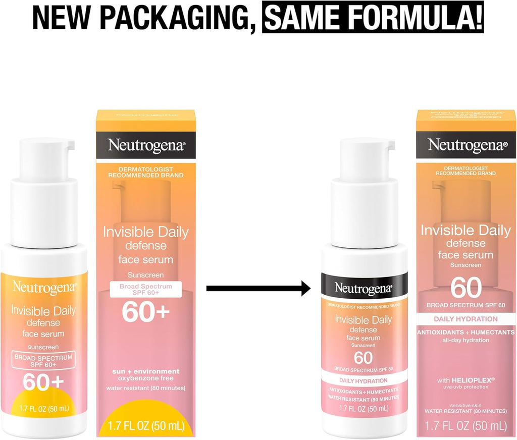 Neutrogena Invisible Daily Defense face serum with new and old packaging comparison on a white background.