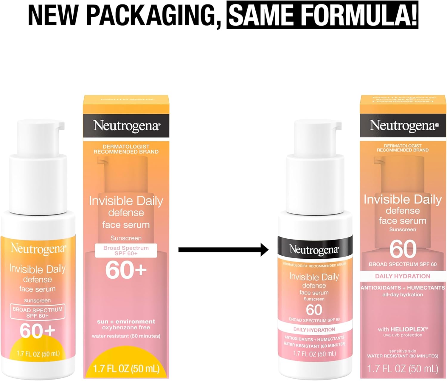 Neutrogena Invisible Daily Defense face serum with new and old packaging comparison on a white background.