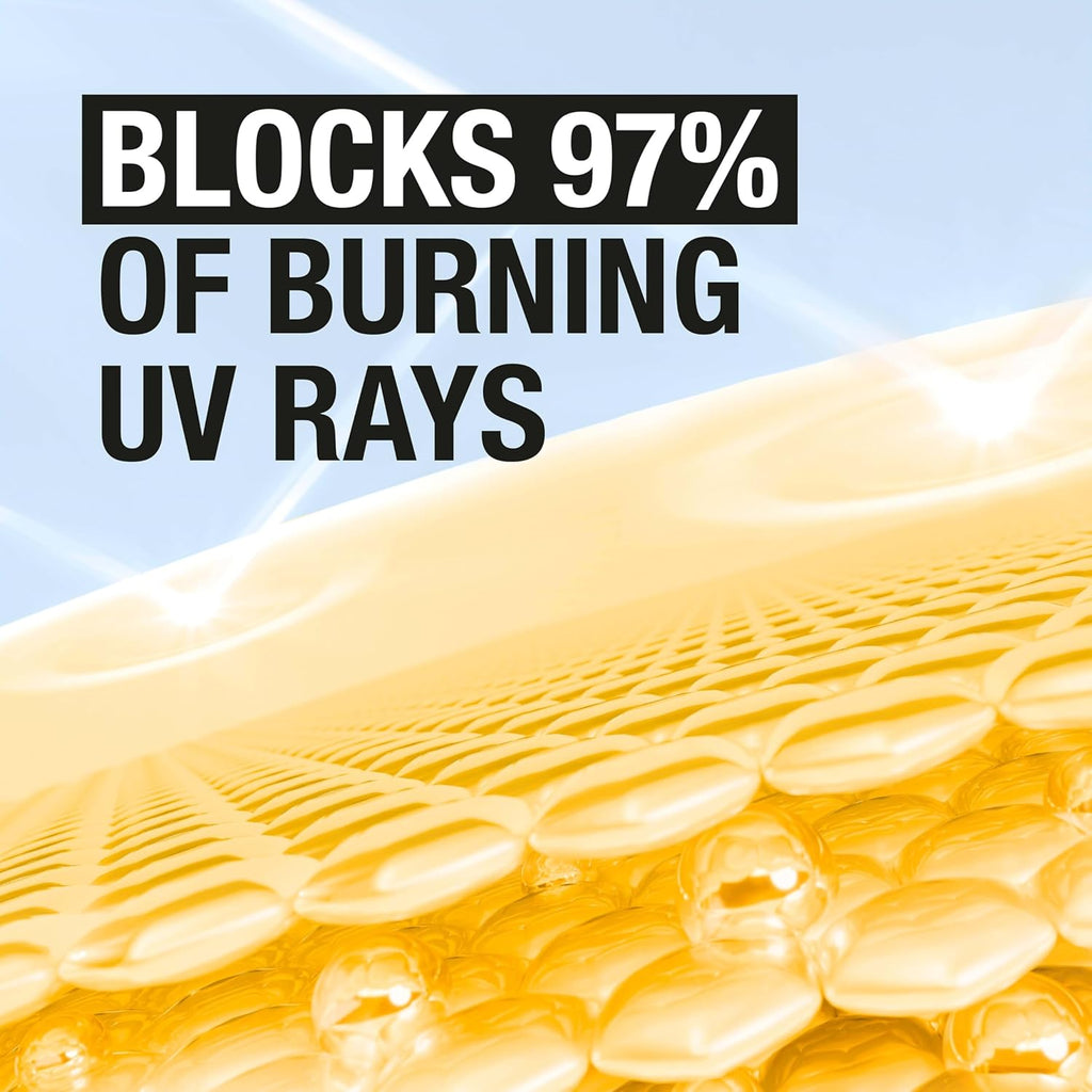Sunscreen gel with sand in the background and text 'Blocks 97% of burning UV rays'.