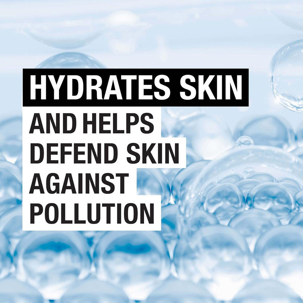 Text overlay on a background of bubbles with hydration and pollution defense benefits.