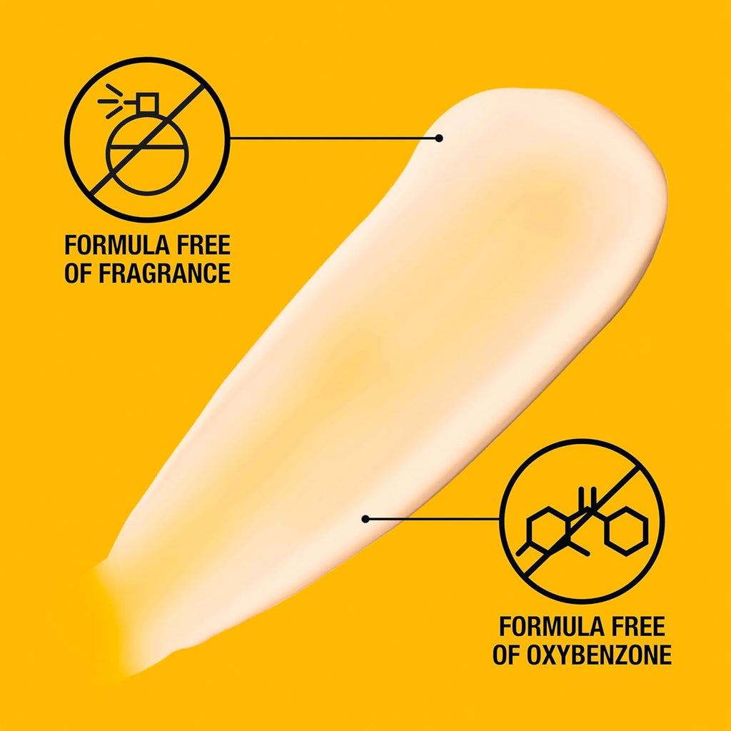 Product swatch with 'Formula Free of Fragrance' and 'Formula Free of Oxybenzone' labels on a yellow background