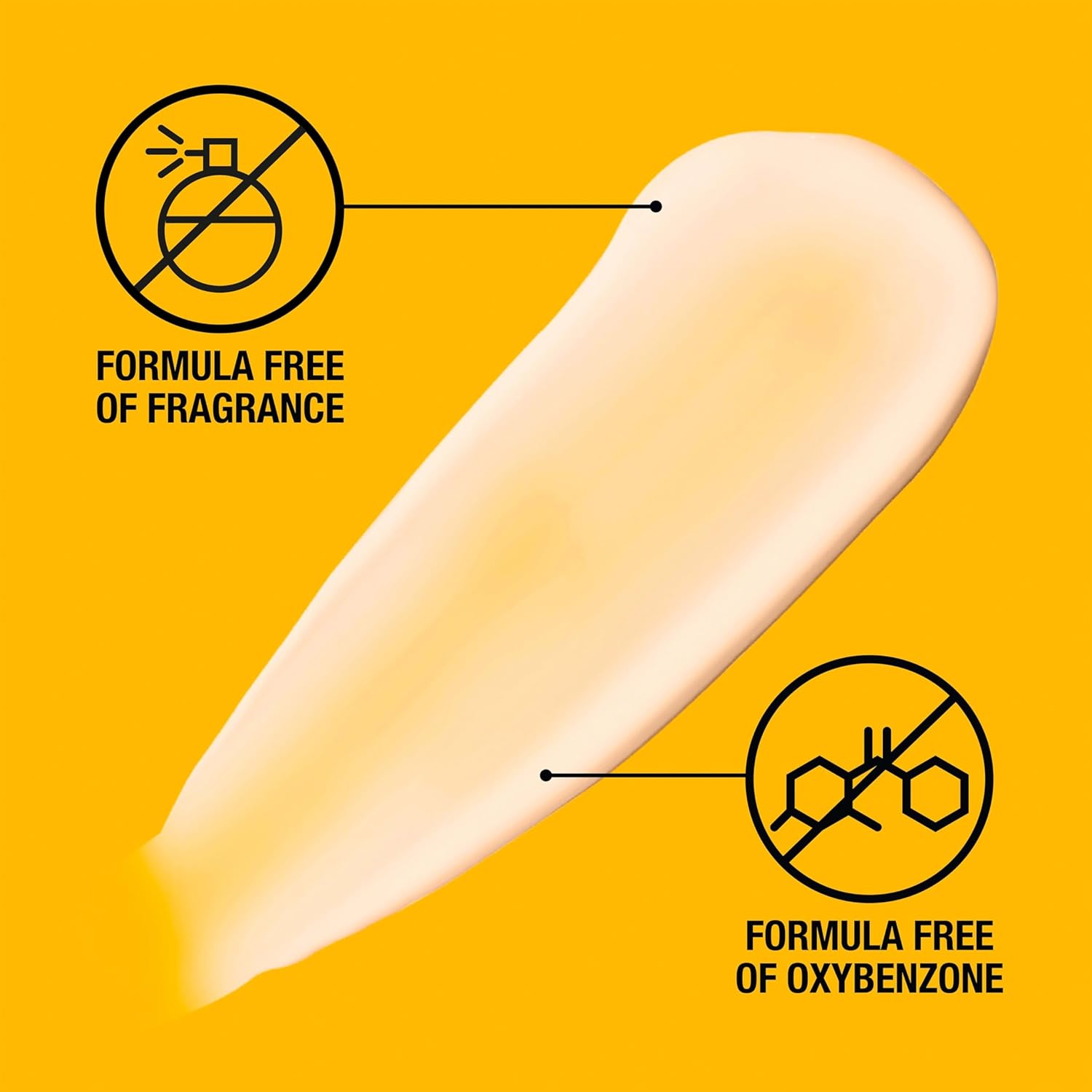 Product swatch with 'Formula Free of Fragrance' and 'Formula Free of Oxybenzone' labels on a yellow background