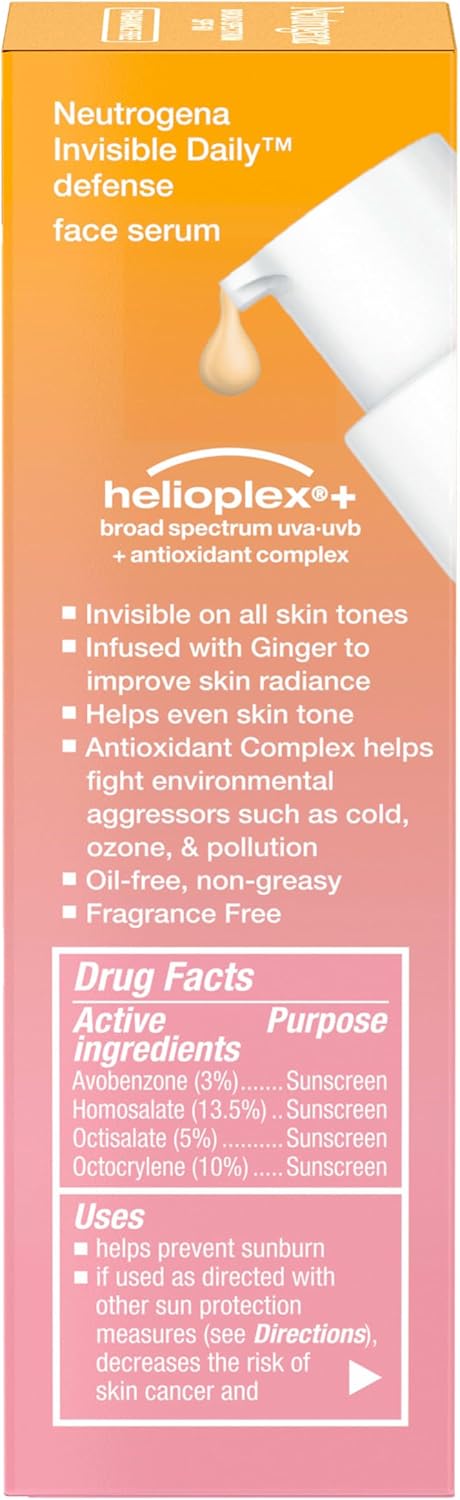 Neutrogena Invisible Daily defense face serum packaging with text and branding.