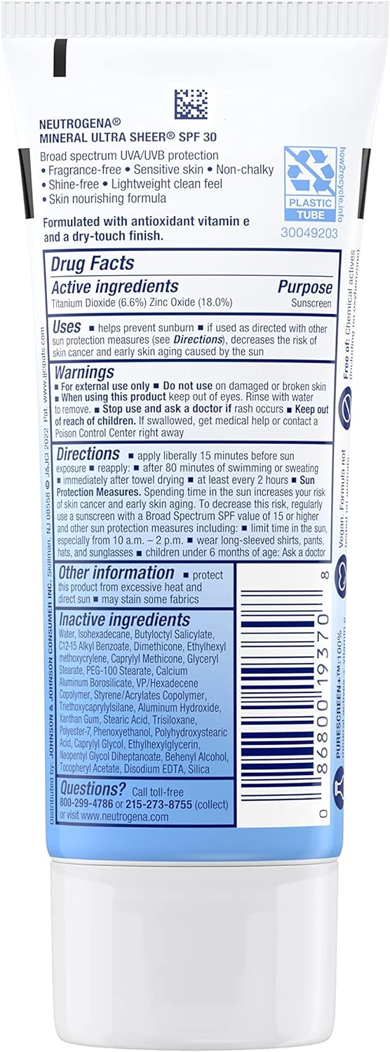 Back label of Neutrogena Purescreen+ Mineral Ultra Sheer Dry-Touch Lotion SPF 30 Sunscreen 88 ml / 3 FL OZ with drug facts, ingredients