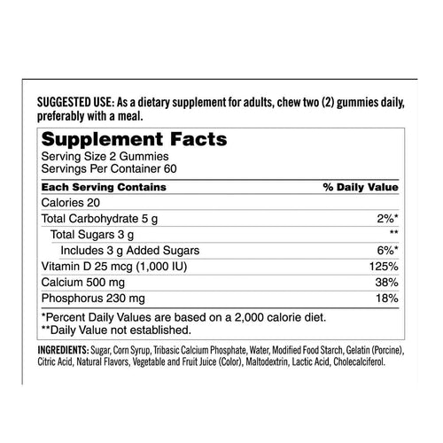 Supplement label for gummy vitamins with dietary information and ingredients.