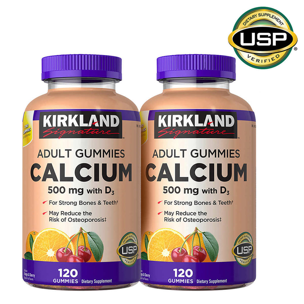 Two bottles of Kirkland Signature Adult Gummies Calcium with USP logo on a white background