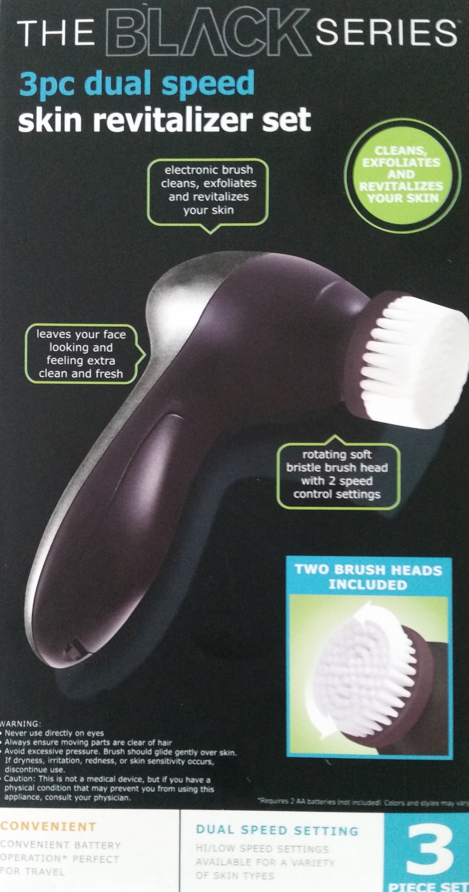The Black Series 3pc Dual Speed Skin Revitaliser Set, Skin Care Facial Brush