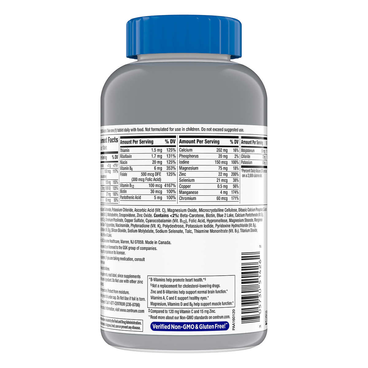 Centrum Silver Men 50+ Multivitamin Supplement bottle with blue cap and detailed label on a white background