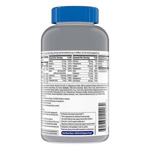 Centrum Silver Men 50+ Multivitamin Supplement bottle with blue cap and detailed label on a white background