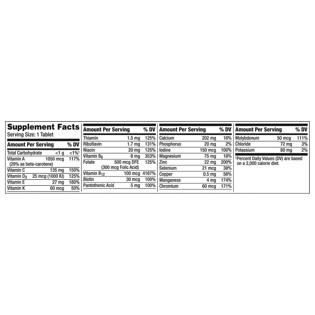 Centrum Silver Men's 50 Plus Multivitamin Dietary Supplement facts label with detailed nutritional information on a white background