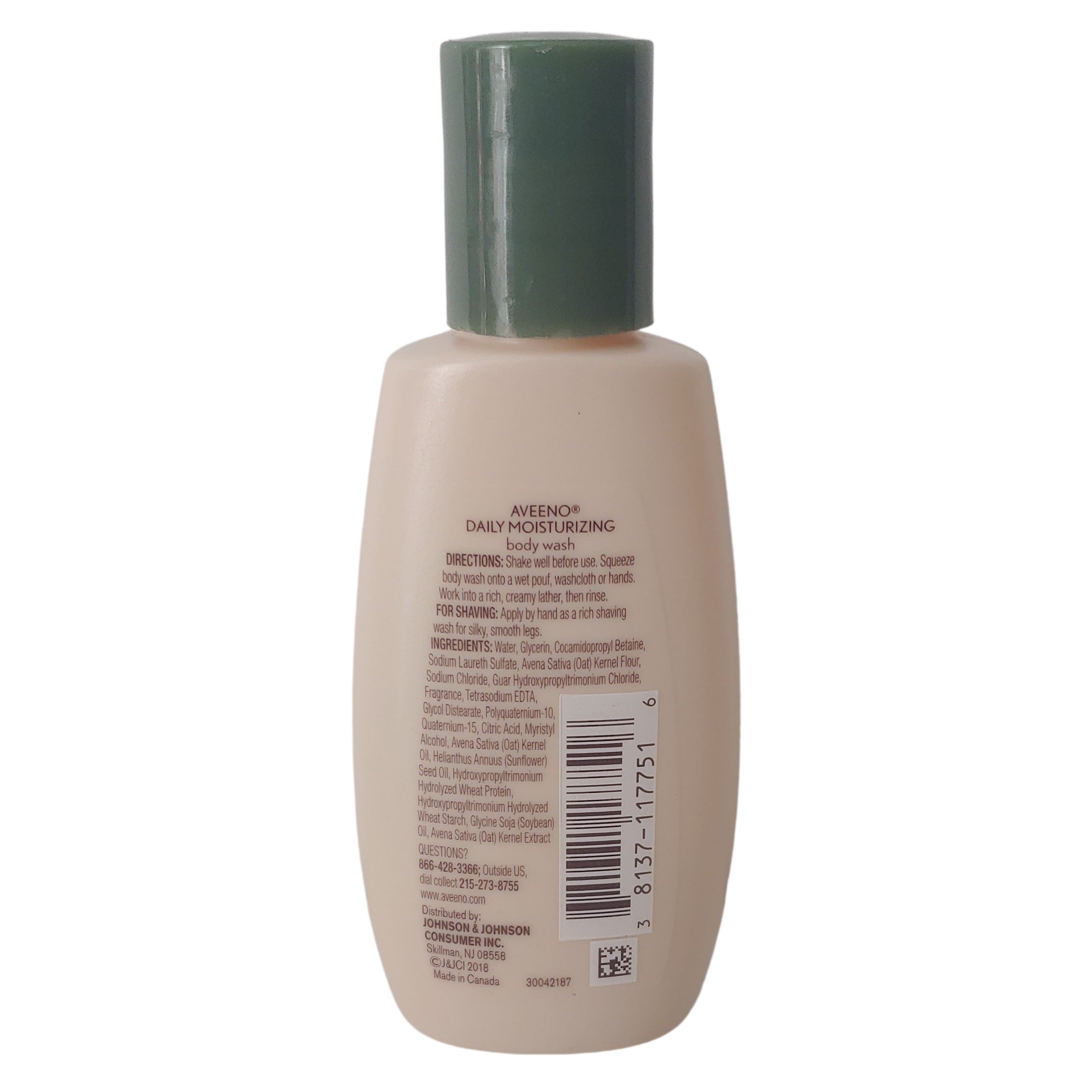 Back view of a bottle with a green cap on a white background