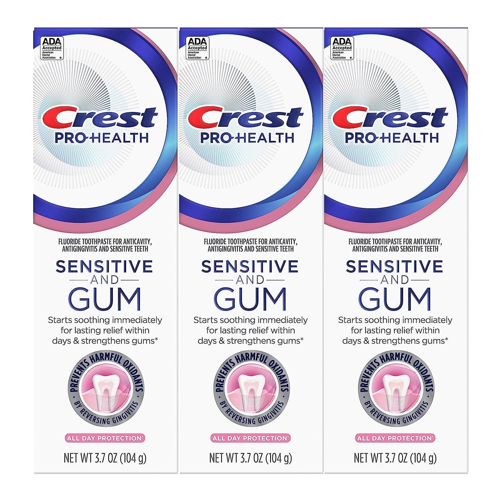 Crest Pro Health Sensitive and Gum Toothpaste, All Day Protection, 3.7 oz (104 g), Pack of 3