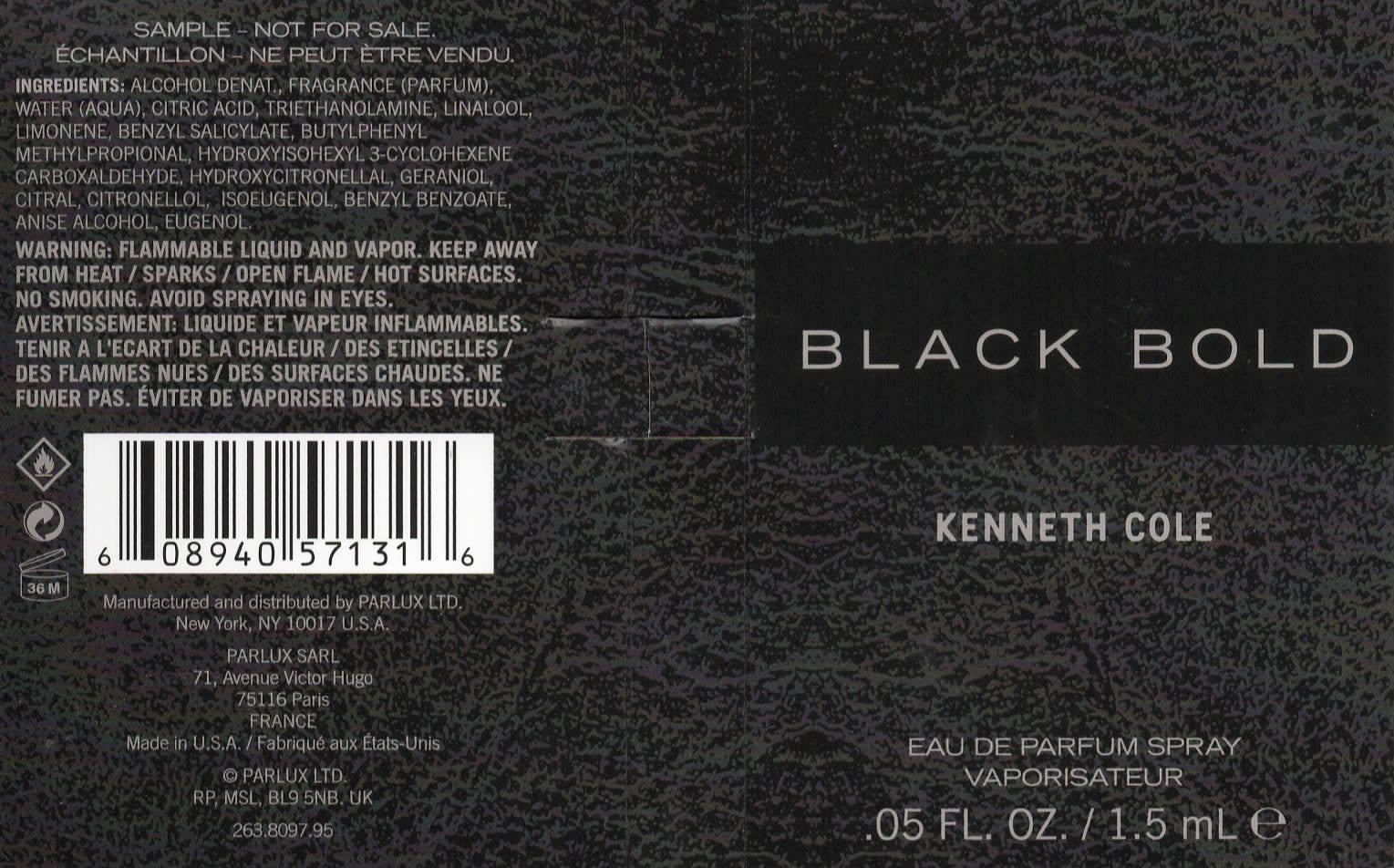Kenneth Cole Black Bold Eau de Parfum Spray Vaporisateur, 1.5 ml