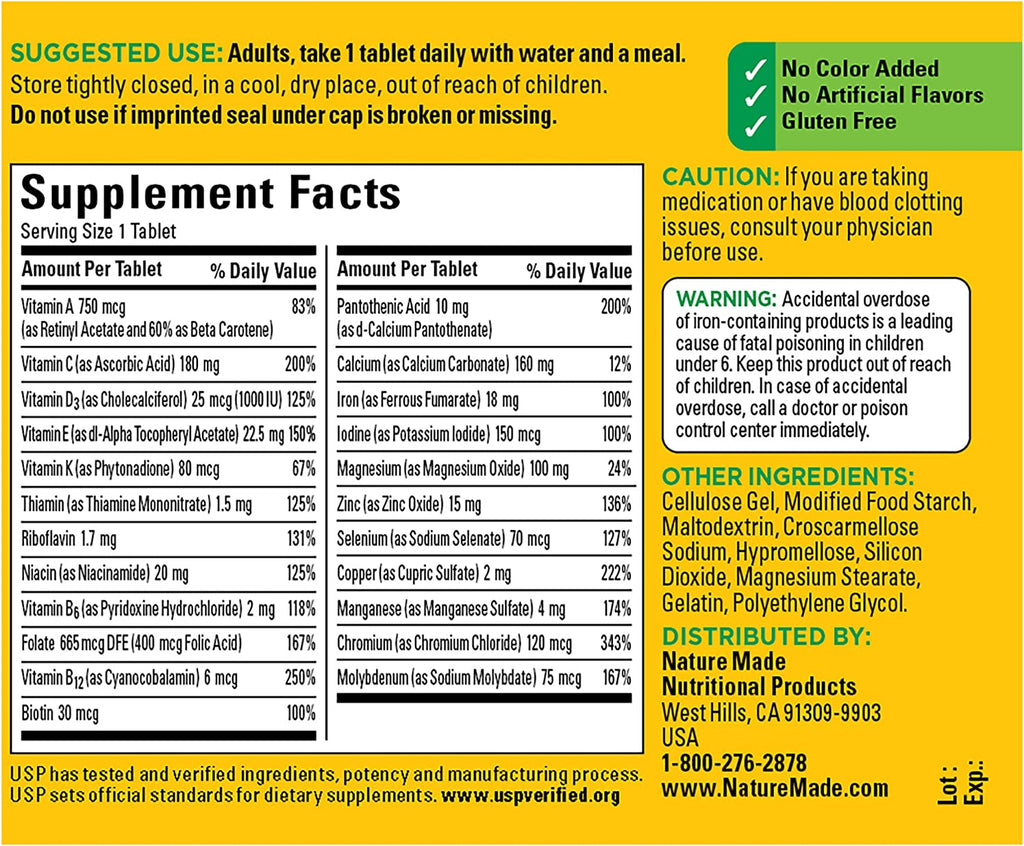 Nature Made Multi Adult Multivitamin with Iron, 130 Tablets, EXP 10/2026
