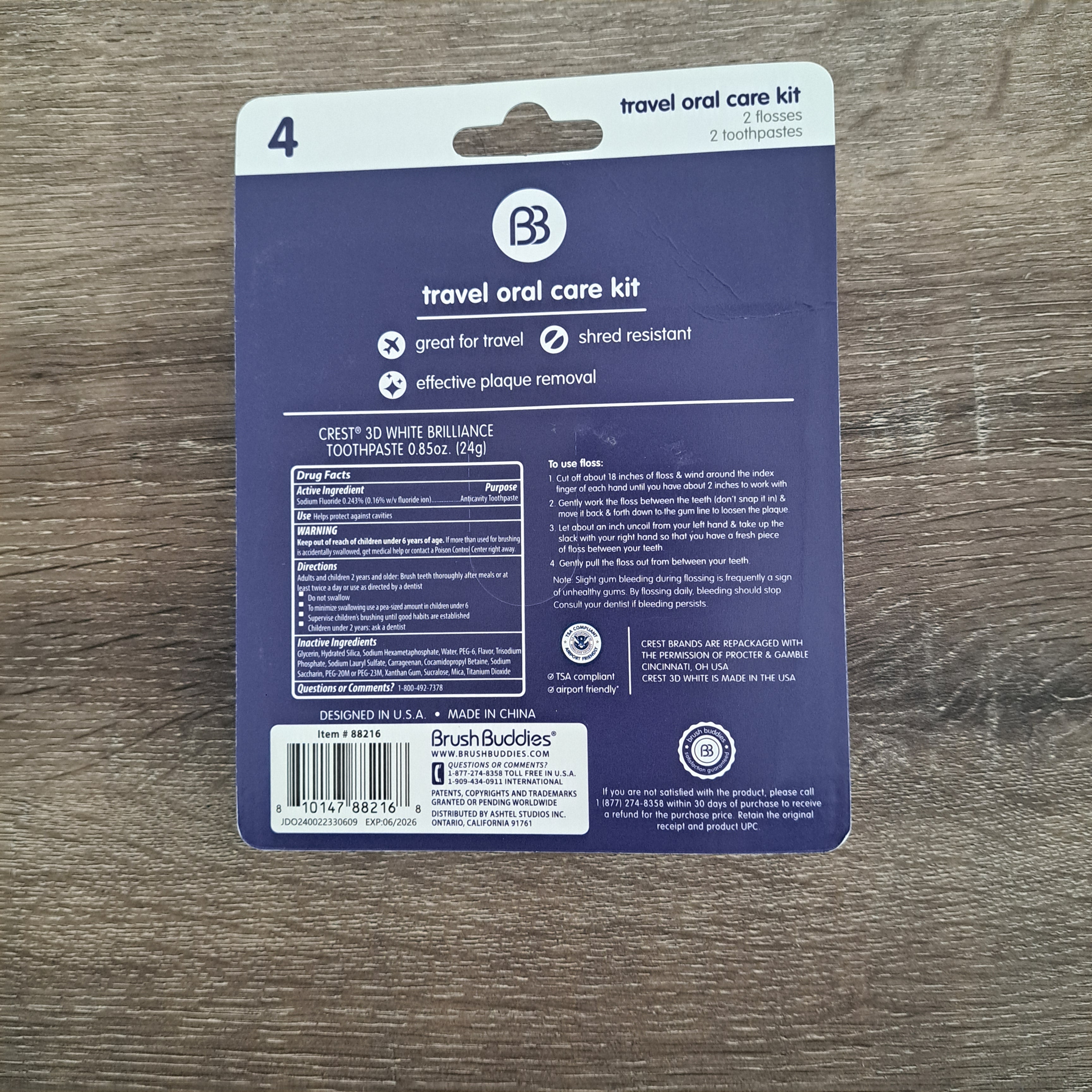 Brush Buddies Crest 3D White Brilliance Vibrant Peppermint Travel Toothpaste (2 Pack) with Floss (2 Pack)