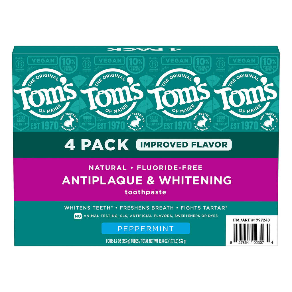 Tom's of Maine Natural Fluoride-Free Antiplaque & Whitening Toothpaste, Peppermint, 4.7 OZ (133 g), 4 PACK