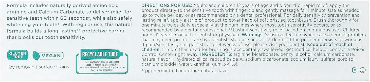 Tom's of Maine Natural Fluoride Free Sensitive Whitening Mint Toothpaste 4 OZ